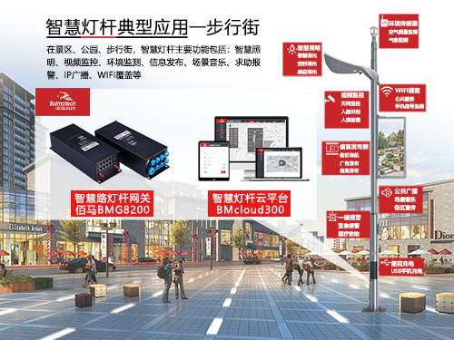 商业街区的智慧路灯根据受众的旅游、消费、直播、通信、安防的需求，适合接入以下几种设备。
