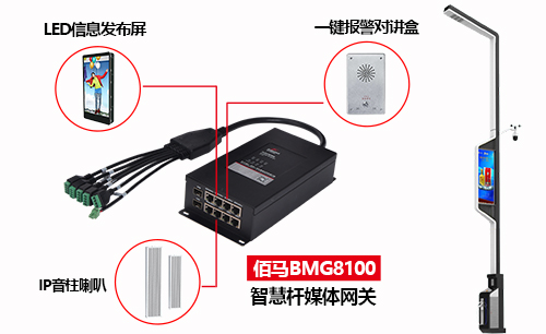 智慧路灯杆可以搭载媒体显示屏、IP音柱喇叭、智能互动信息终端、远程语音通讯等多类型媒体设备，通过智能媒体网关实现高效便捷的集中通信、控制和运营管理，提供丰富的智慧路灯杆媒体展现服务。